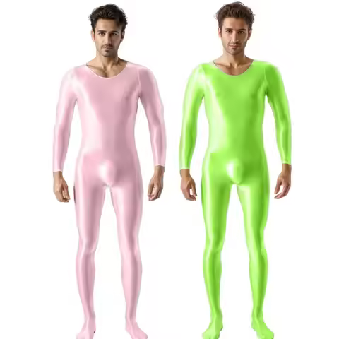 Mens Oil Glossy Bodystocking Full Bodysuit Long Sleeve Unitard Jumpsuits Stretchy Sheer Silky Romper