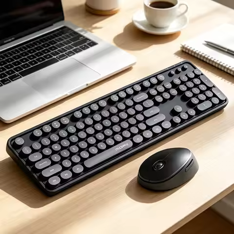 MOFii Black Retro Round Keycaps Wireless Keyboard & Mouse Combo, 2.4G Quiet Office Set, US QWERTY La