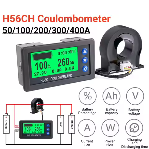 Battery Monitor Hall Sensor Coulomb Tester DC9~100V 50A-300A Voltmeter Ammeter Battery Capacity Coul