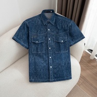 MAMO Men's Short-Sleeved Shirt Navy Blue Jeans with Vertical Scratched Wash Pattern SMTN57