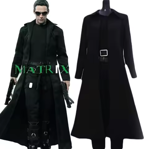 Fulujiacos The Matrix Neo Cosplay Costume Black Trench Coat Custom Made Peach twill Fabric