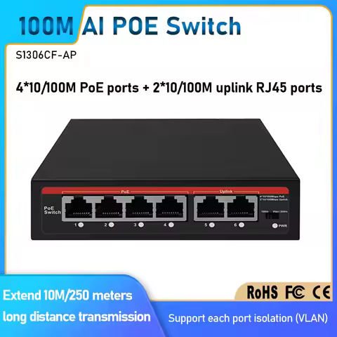EWIND POE Switch 6 Ports 10/100Mbps AI Smart Ethernet Switch with 2 Uplink RJ45 Ports AI Smart Switc