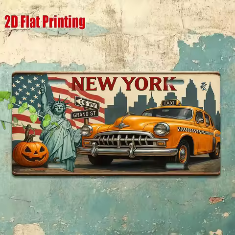 2D Flat, 1 Piece Vintage New York Metal Sign - Retro Taxi and Statue of Liberty Design - New York Th
