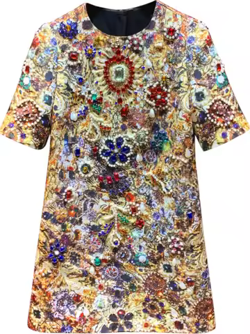 2025 Women Embroidery England Style Luxury Beading Dress Short Sleeve Pencil Straight Dresses Shinny