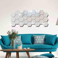 HIASAN DINDING Large Size - 12pcs Hexagonal Mirror Wall Decoration Hexagonal Glass Sticker