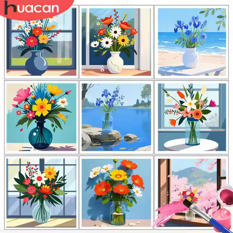 HUACAN Painting by Number Kits Floral Bouquet Blue Vase Window Art DIY Oil Painting Drawing Flower H