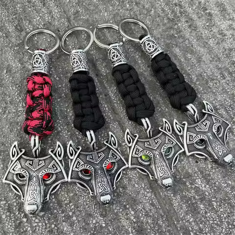 1Pcs Wolf Head Trinity Bead Diy Lanyard Viking Jewelry Survival Rope Keychain Handmade Womens Mens P