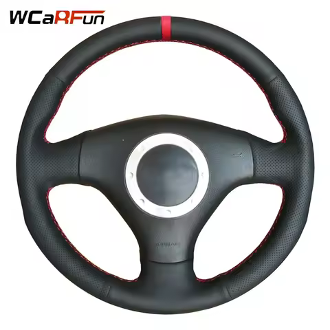 WCaRFun Black Leather Red Marker Steering Wheel Cover for Audi A2 8Z A3 8L Sportback A4 B6 Avant A6 