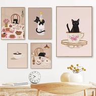 Coffee Black Cat Art Print  Mother's Day Gift Pet Lover Boho Champagne Kitchen Bar Wall Poster Canvas Painting Room Home Decor