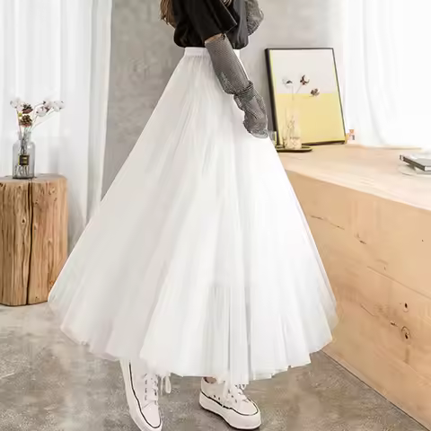 Women Maxi Long Mesh Skirt Korean Clothes Summer Vintage Elastic Waist Swing Hem Skirts Black White 