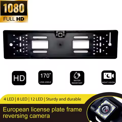 EU License Plate Frame Backup Camera, Waterproof Night Vision Reverse Camera with 4/8/12 LED Lights 