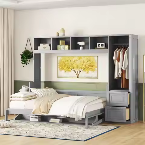 Murphy Bed, Queen Size, Wall Bed with Closet & Drawers, Gray Finish
