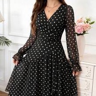 Women's Fashion Printed Ruffle Wave Hem High Elastic Waist Slimming Concealing Long Dress Vacation F