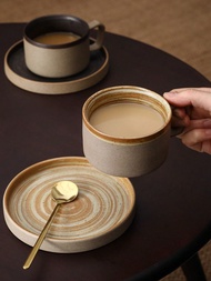 250ML/ 8.46OZ Rough Pottery Ceramic Coffee Cup/ Tea Cup/ Mug With Tea Tray, Handmade Vintage Art Tum