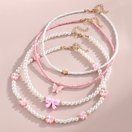 4pcs/Set Girls Butterfly Heart Flower Pearl & Beaded Handmade Necklace Set Children Teen Friendship