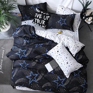 4 in 1 Bedding Sets Black Star Printed Comforter Quilt Cover Mattress Protector Bed Cover Flat Sheet Set with 2 Pillowcase Single Queen King Size( Not Include Quilt) Christmas Decorations