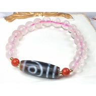 Tibetan Dzi Beads Two Eyed Dzi Beads with Rose Quartz Bracelet 藏传老矿二眼天珠配粉晶手链 28x10.2mm