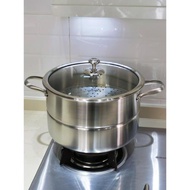 LUCUKU304不銹鋼蒸鍋家用加厚復合底多用途大湯鍋蒸煮兩用鍋28cm