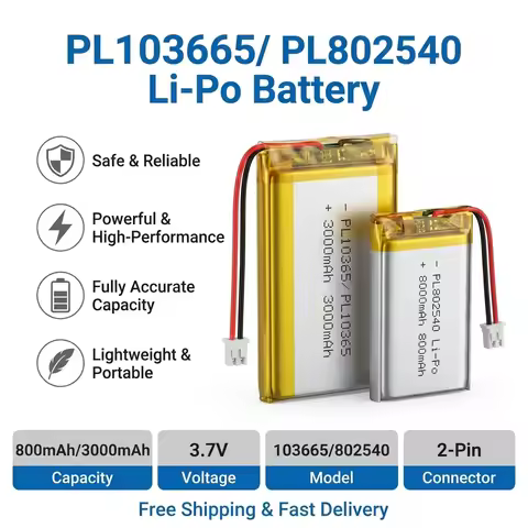 800mAh/3000mAh Polymer Lithium Rechargeable Battery PL103665 PL802540 Jst 1.25 2pin Plug for Camera