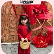 [Free mane] Girls' CNY ao dai with pants, 2-skin silk brocade ao dai with chrysanthemums, traditiona