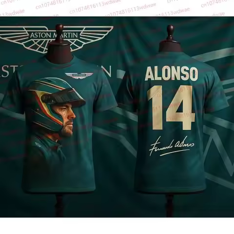 Aston Martin Team Alonso 14 F1 Racing T-shirt Front Portrait Print Back Signature Number Casual Top