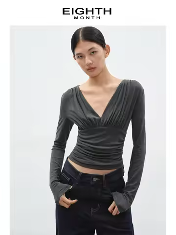 Women Gey Gothic Emo V-Neck T-shirt Y2k Gyaru Tee Top 2000s Aesthetic Vintage Long Sleeve Knit T-shi