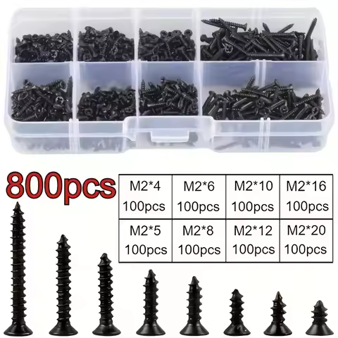400/800PCS M2 Carbon Steel Phillips Countersunk Self-Tapping Screws - 8 Types of Screws in Box, Blac