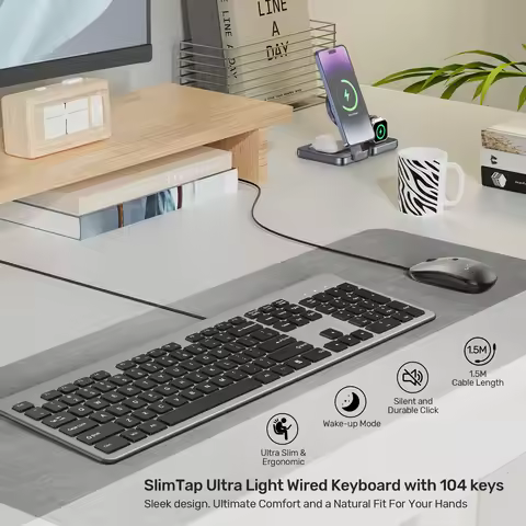 UNITEK 104 Keys Ultra Slim Wired Keyboard Silent Scissor Switch Ergonomic USB-A LED Wake-Up Function