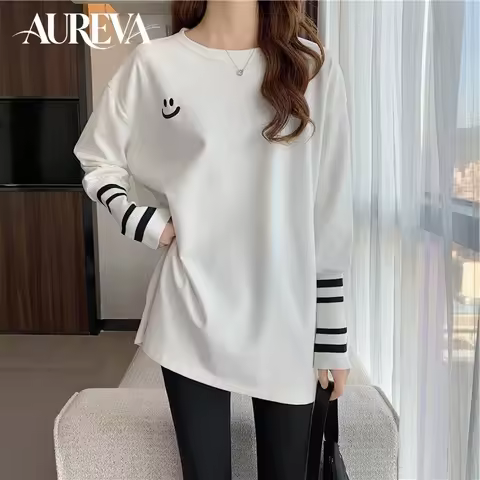 Autumn Women's White Long Sleeve T-Shirt Loose Spliced Sleeve Versatile Outer Wear Basic Undershirt