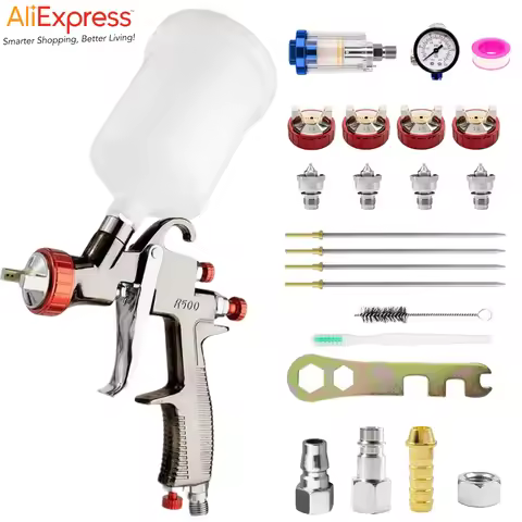 R500 Spray Gun LVLP w/ 1.3/1.5/1.7/2.0mm Tips, with Air Pressure Regulator&Oil-Water Separator, for 