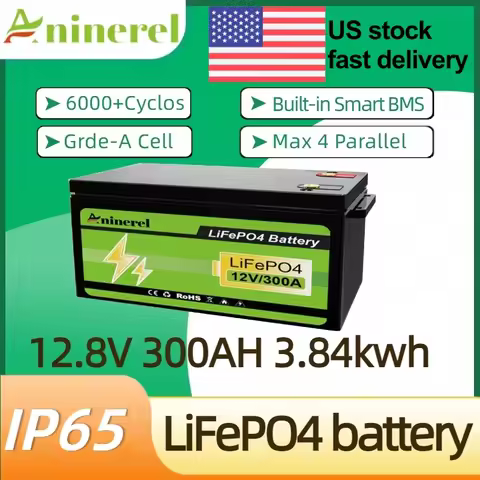 Aninerel 12V 300Ah LiFePO4 Solar Battery 3.84KWh Lithium Battery Pack IP65 waterproof rating Grade A