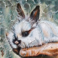 Rabbit Painting Oil Original Small Hare on hand Bunny Art Acrylic on Cardboard