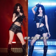 Korean Baby-monster Kpop Stage Jazz Dance Outfit Hot Girl Retro Black Performance Suit Shirt Skirt S