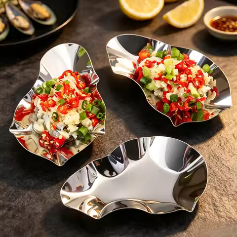 Stainless Steel Oyster Shaped Sauce Dish BBQ Dipping Plate Snail Conch Serving Tray Restaurant Seaso