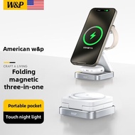 W&P Wireless Charger 3-In-1 พับแม่เหล็กขาตั้งชาร์จเร็วสําหรับ iPhone16/15/Airpods หูฟัง iWatch นาฬิก