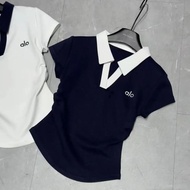 Korean contrasting color alo print waist cinched lapel polo top+casual A-line skirt two-piece set fo