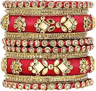 Kundan Studded 2.6 inch Red Silk Thread Bangles Set Ethnic Fashion Jewellery Gift for Women-AH-PF51B82R, Metal, no gemstone