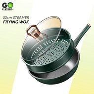 32cm Stainless Steel Non Stick Wok Pan Lid Frying Pan with steamer Double-layer Wok Frying Pan XZW