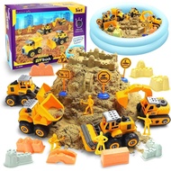 Play Construction Sand Kit,2.2lbs Magic Sand W/4 Large Take Apart Construction Trucks,1 Sandbox,8 Wo