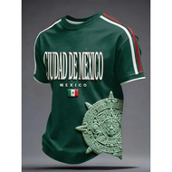 Ciudad De Mexico Aztec Calendar Flag Graphic Men’s T‑Shirt, Green Stripe Mexican City Pride Short Sl