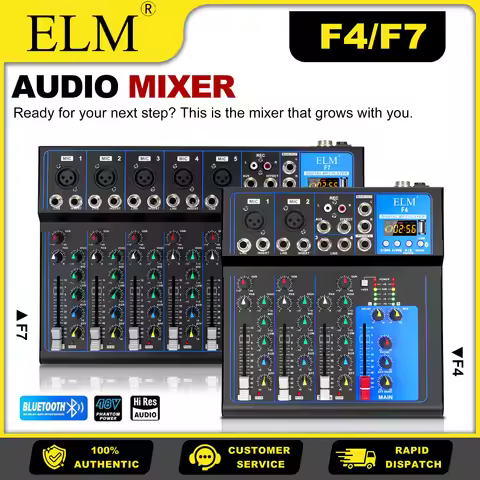 F 4/7CH Audio Mixer Bluetooth USB 3-Band EQ per Channel 48V Phantom Power Aux Send Tape Input Live S