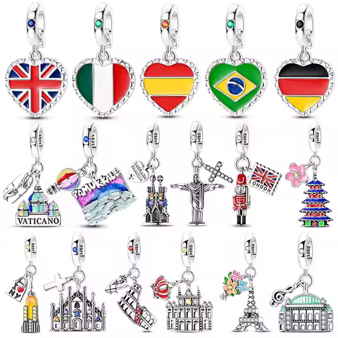 925 Sterling Silver World Landmark & National Flag Dangle Charms Eiffel Tower Vatican Leaning Tower 