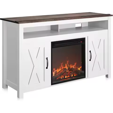 Modern 48" Barn Door Wood TV Stand with 18" Electric Fireplace Heater & Media Entertainment Center C