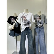 M2M-414 Basic Doggy T-Shirt Top 11532 Print Short Sleeve Round CollarWanita