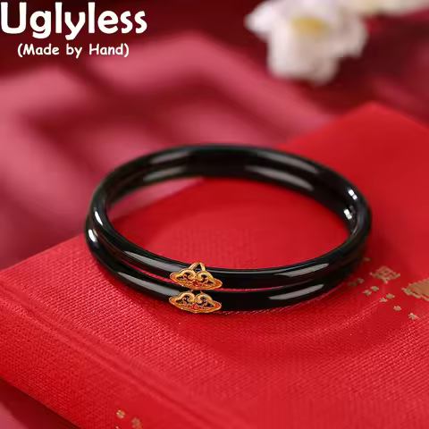 Uglyless 1Piece Natural Black Jade Bangles for Women 4.5-5MM Thin Gemstones Bangles Real 925 Sterlin