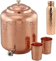 jewellary hub Hammered finish pure copper drinkware water dispenser pot healing water container tank with two matching tumbler glasses and one copper bottle (Copper, 16 Liter / 4.22 Gallon)