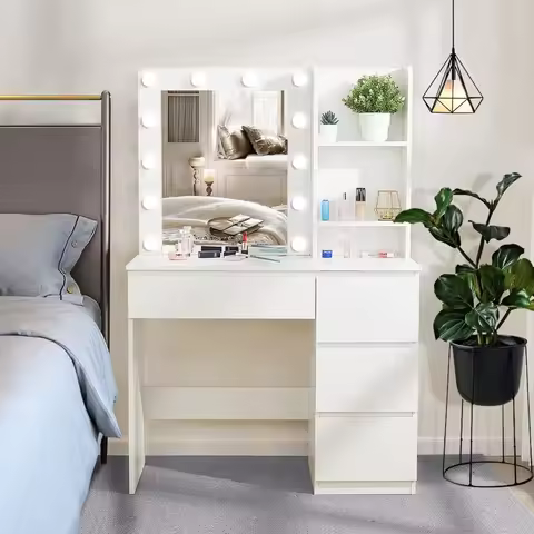 vanity desk.Makeup Vanity with Lights,37inch Vanity Desk,4 Large Drawers Dresser with Lighted Mirror