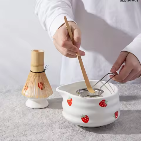 1/3/4/5pcs cute strawberry mouth matcha bowl and matcha whisk set, Japanese fresh matcha tool set an