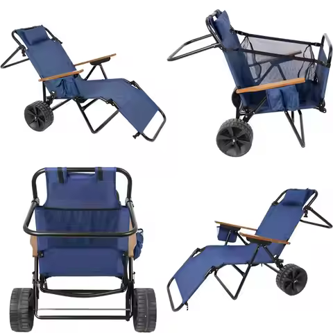 Foldable Beach Cart Chair with Wheels - Dark Blue Iron and Polyester Lounge Wagon for Outdoor, Pools