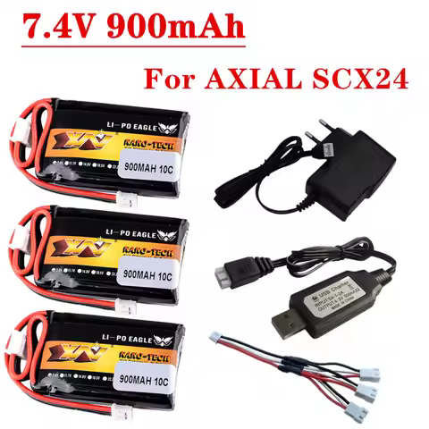 HJ 7.4V 900mAh Lipo Battery Charger Set For AXIAL SCX24 SCX2 90081 C10 1/24 Remote Control Car Model